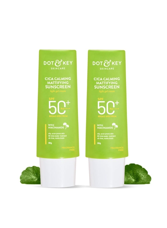 Dot & Key CICA Calming Mattifying Sunscreen SPF 50 PA++++ Pack of 2 80g | Oily Acne Prone & Sensitive Skin | UVA/UVB Protection | No White Cast, Ultra Light, Fragrance Free & Quick Absorbing | 160g - Image 1